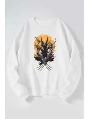 The Wert Wolverine Baskılı Kadın/erkek Beyaz Bisiklet Yaka Pamuklu Sweatshirt