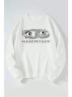 The Wert Hard Staff Baskılı Kadın/erkek Beyaz Bisiklet Yaka Pamuklu Sweatshirt