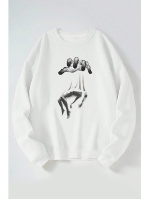 The Wert Ruh Emme Baskılı Kadın/erkek Beyaz Bisiklet Yaka Pamuklu Sweatshirt