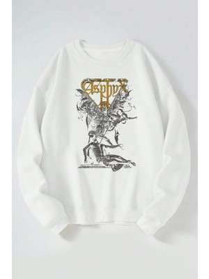 The Wert Asphyx Wallpapers Baskılı Kadın/erkek Beyaz Bisiklet Yaka Pamuklu Sweatshirt