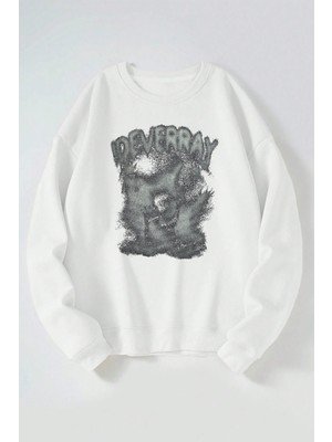 The Wert Deverray Baskılı Kadın/erkek Beyaz Bisiklet Yaka Pamuklu Sweatshirt