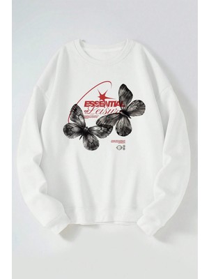 The Wert Essentıal Of Leisure Baskılı Kadın/erkek Beyaz Bisiklet Yaka Pamuklu Sweatshirt