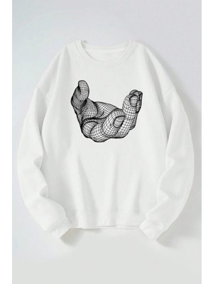 The Wert Hologram El Baskılı Kadın/erkek Beyaz Bisiklet Yaka Pamuklu Sweatshirt