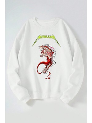 The Wert Metallica Wenom Baskılı Kadın/erkek Beyaz Bisiklet Yaka Pamuklu Sweatshirt