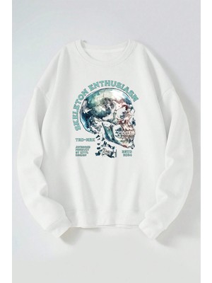 The Wert Skeleton Enthusıasm Baskılı Kadın/erkek Beyaz Bisiklet Yaka Pamuklu Sweatshirt