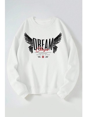 The Wert Dream Chaser Baskılı Kadın/erkek Beyaz Bisiklet Yaka Pamuklu Sweatshirt