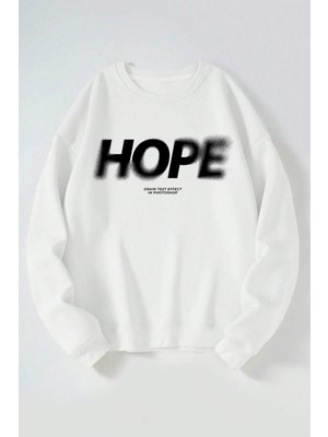 The Wert Hope Logo Baskılı Kadın/erkek Beyaz Bisiklet Yaka Pamuklu Sweatshirt