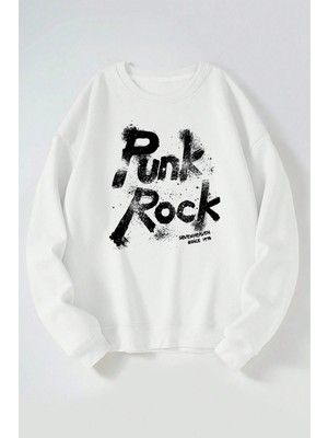 The Wert Punk Rock Baskılı Kadın/erkek Beyaz Bisiklet Yaka Pamuklu Sweatshirt