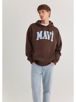 Mavi Logo Baskılı Kapüşonlu Kahverengi SWEATSHIRT067149-88067