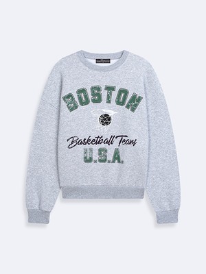 LTB Boston Baskılı Sıfır Yaka Uzun Kollu Gri Sweatshırt