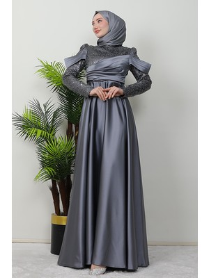 Giza Store Kolu Drapeli Pullu Abiye Koyu Gri