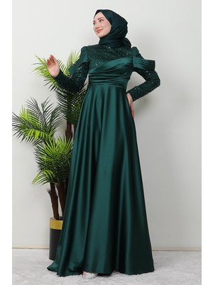 Giza Store Kolu Drapeli Pullu Abiye Zümrüt