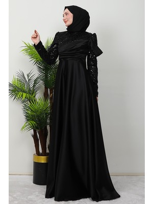 Giza Store Kolu Drapeli Pullu Abiye Siyah