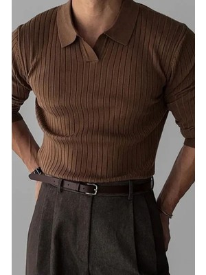 Cool Tarz Koyu Kahve Erkek Polo Yaka Fitilli Triko Kazak