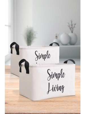 Beyaz Simple Living Baskılı Küçük Boy 2'li Düzenleyici Saklama Sepeti Set 25X15X18