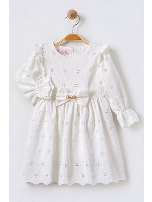 Miniğimin Cicileri Brode Fiyonklu Kız Çocuk elbise - Beyaz
