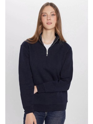 Tudors Unisex Relax Fit Rahat Kesim Pamuklu Içi Polarlı Yarım Fermuarlı Lacivert Dik Yaka Sweatshirt