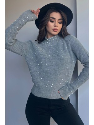 Gülseli Yarım Balıkçı Incili Crop Top Triko Kazak