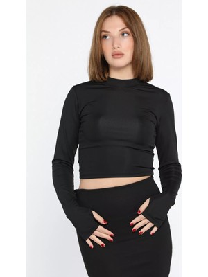 Gülseli Kadın Bisiklet Yaka Kolu Pencereli Crop Top Bluz