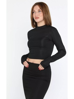 Gülseli Kadın Bisiklet Yaka Kolu Pencereli Crop Top Bluz