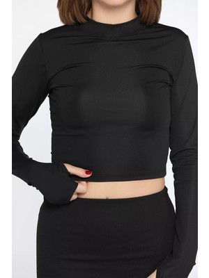 Gülseli Kadın Bisiklet Yaka Kolu Pencereli Crop Top Bluz