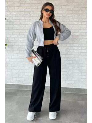 Kadın Yüksek Bel Yazı Baskılı Çimalı Bol Paça Pantolon P-00013747