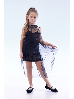 Ahengim Kız Çocuk Pullu Pelerinli Trend Abiye Elbise AK2244 Özel Günler İçin Şık Tasarım