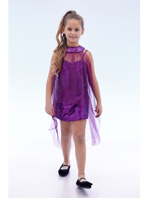 Ahengim Kız Çocuk Pullu Pelerinli Trend Abiye Elbise AK2244