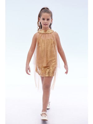 Ahengim Kız Çocuk Pullu Pelerinli Trend Abiye Elbise AK2244