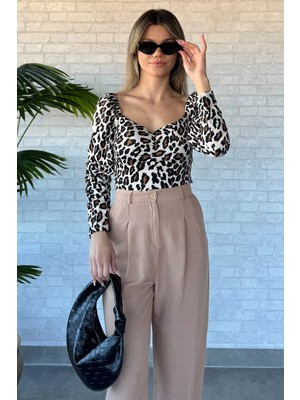 Gülseli Kadın Leopar Desen Crop Top Bluz