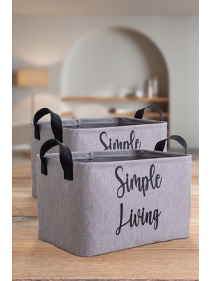 Gri Simple Living Baskılı Orta Boy 2'li Düzenleyici Saklama Sepeti Set 30X22X18