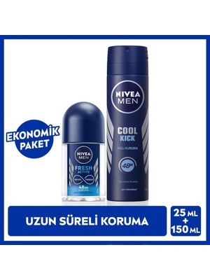 Nivea Men Erkek Sprey Deodorant Cool Kick Fresh 150 ml ve Mini Roll-On Fresh Active 25 ml