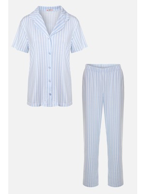 Kadın Pamuklu Pembe Çizgili Ara Biyeli Kısa Kollu Pijama Takımı