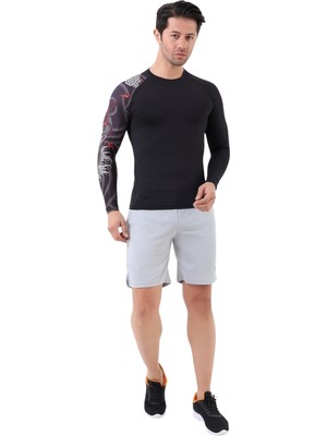 Domin Spor Erkek Uzun Kollu Tek Kol Dijital Baskılı Compression Fitness Gym Spor Body Tshirt DMN66777