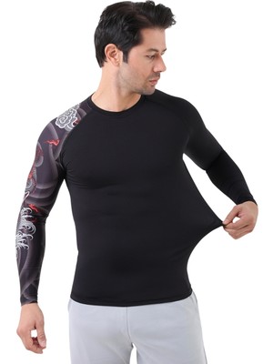 Domin Spor Erkek Uzun Kollu Tek Kol Dijital Baskılı Compression Fitness Gym Spor Body Tshirt DMN66777