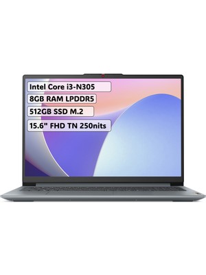 Lenovo Ideapad Slim 3 Intel Core i3 N305 8GB 512GB SSD Freedos 15.6" FHD Taşınabilir Bilgisayar 82XB00B4TX