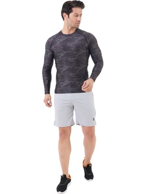 Domin Spor Erkek Uzun Kollu Gri Kamuflaj Compression Body Fitness Gym T-Shirt DMN54780