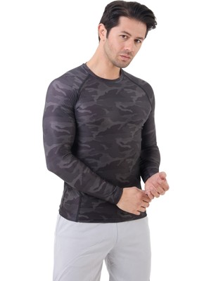 Domin Spor Erkek Uzun Kollu Gri Kamuflaj Compression Body Fitness Gym T-Shirt DMN54780