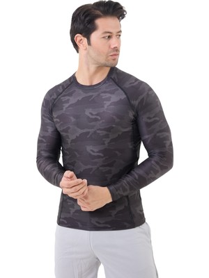 Domin Spor Erkek Uzun Kollu Gri Kamuflaj Compression Body Fitness Gym T-Shirt DMN54780