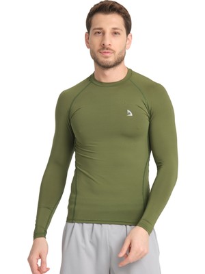 Domin Spor Erkek Uzun Kollu Yeşil Olive Fit Toparlayıcı Compression Spor Body Tshirt