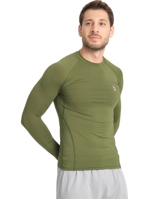 Domin Spor Erkek Uzun Kollu Yeşil Olive Fit Toparlayıcı Compression Spor Body Tshirt