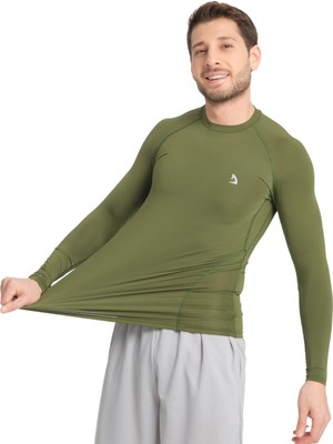 Domin Spor Erkek Uzun Kollu Yeşil Olive Fit Toparlayıcı Compression Spor Body Tshirt