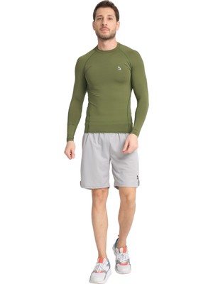 Domin Spor Erkek Uzun Kollu Yeşil Olive Fit Toparlayıcı Compression Spor Body Tshirt