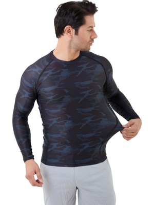 Domin Spor Erkek Uzun Kollu Lacivert Kamuflaj Desenli Compression Body Fitness Gym T-Shirt DMN54781