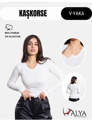 Alya Underwear Pamuklu Kaşkorse V Yaka Body Sweatshirt, Fitilli Kumaş Likralı Bluz, Beyaz Badi