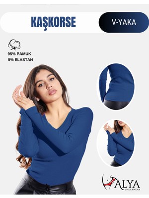 Alya Underwear Kaşkorse V Yaka Body Sweatshirt, Fitilli Kumaş, Likralı, Mavi (Indigo)
