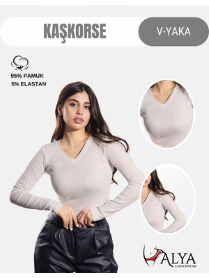 Alya Underwear Kaşkorse V Yaka Body Sweatshirt, Fitilli Kumaş Bluz, Likralı, Bej (Kemik) Günlük Badi