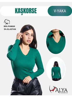 Alya Underwear Pamuklu Kaşkorse V Yaka Body Sweatshirt, Fitilli Kumaş Likralı Bluz, Çimen Yeşili Badi
