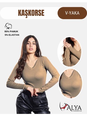 Alya Underwear Kaşkorse V Yaka Body Sweatshirt, Fitilli Kumaş, Likralı, Kahve Melanj
