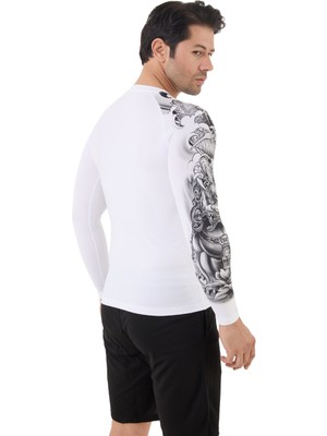 Domin Spor Erkek Uzun Kollu Beyaz Tek Kol Desenli Compression Fitness Gym Body Tshirt DMN66779